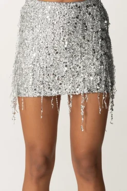 Elisabetta Franchi Minigonna In Tulle Full Paillettes con FrangeSILVER