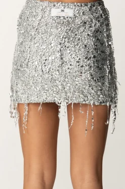 Elisabetta Franchi Minigonna In Tulle Full Paillettes con FrangeSILVER