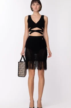 Elisabetta Franchi Minigonna Punto Uncinetto con FrangeNERO
