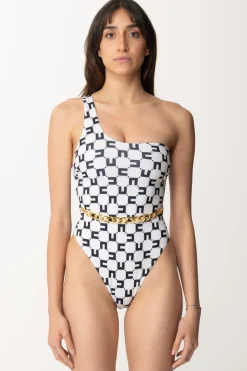 Elisabetta Franchi Monokini Stampa Logo e CatenaBURRO/NERO