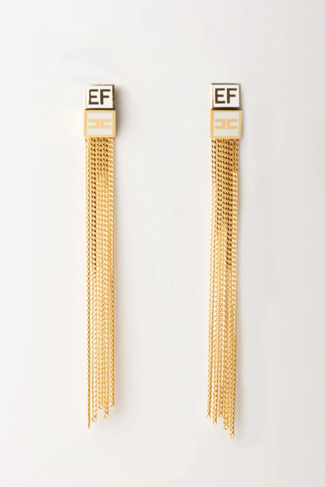 Elisabetta Franchi Orecchini con Placca Logo e FrangeORO GIALLO/AVORIO