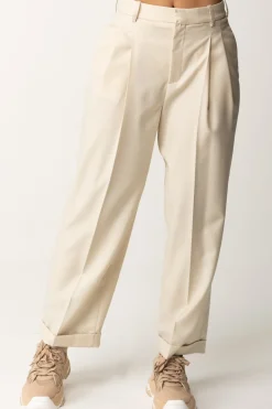 Elisabetta Franchi Pantaloni In Fresco Lana con Pinces e RisvoltiCREMA