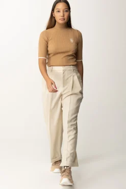 Elisabetta Franchi Pantaloni In Fresco Lana con Pinces e RisvoltiCREMA