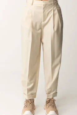 Elisabetta Franchi Pantaloni In Fresco Lana con Pinces e RisvoltiCREMA