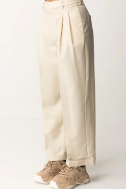 Elisabetta Franchi Pantaloni In Fresco Lana con Pinces e RisvoltiCREMA