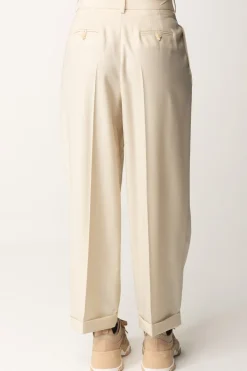 Elisabetta Franchi Pantaloni In Fresco Lana con Pinces e RisvoltiCREMA