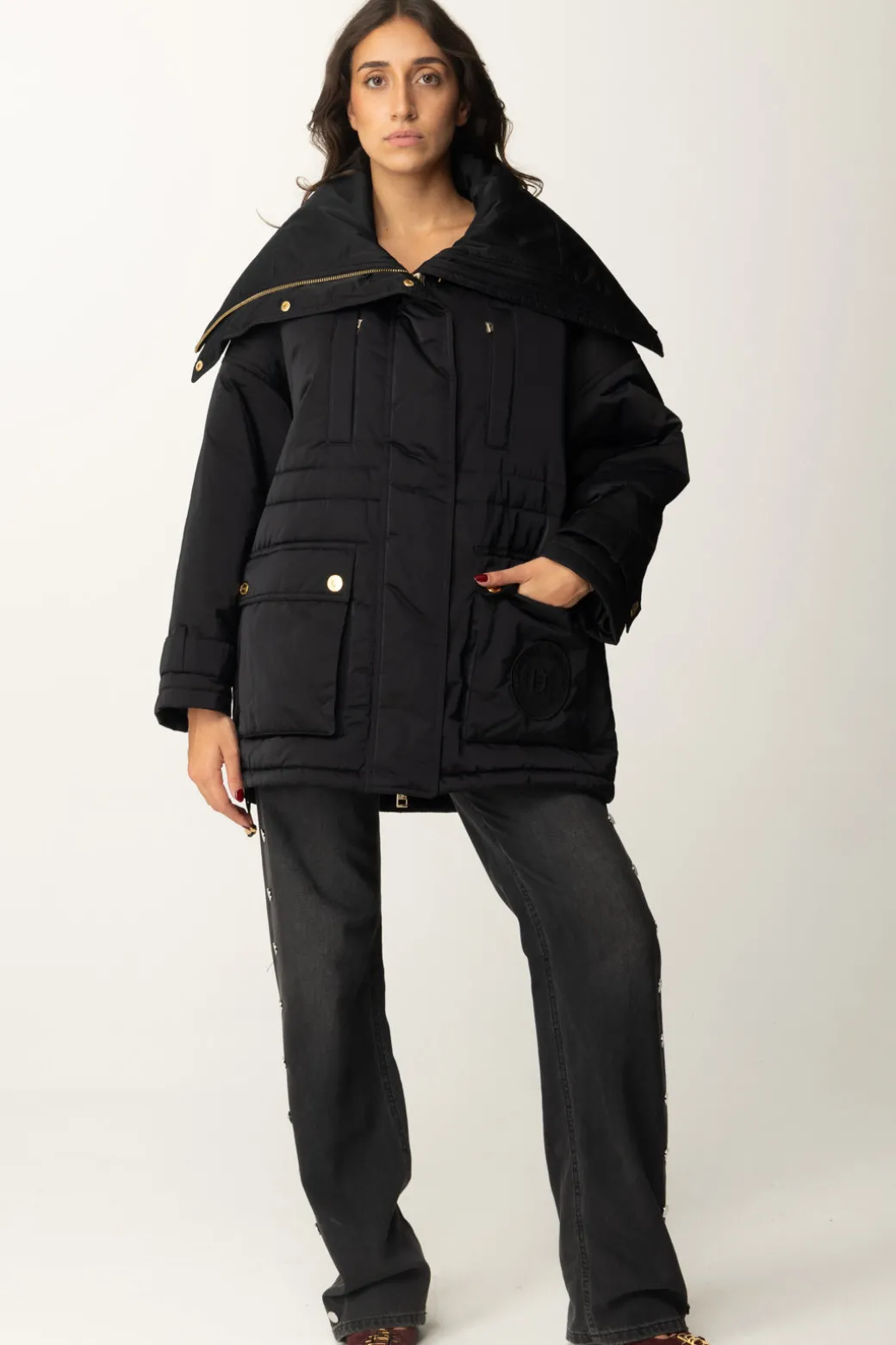 Elisabetta Franchi Piumino Stile Aviatore In Nylon SatinNERO