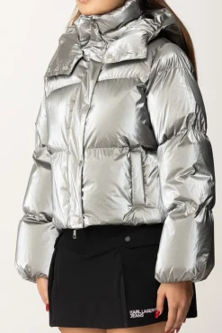 Elisabetta Franchi Piumino Crop In Nylon Effetto MetallizzatoSTEEL