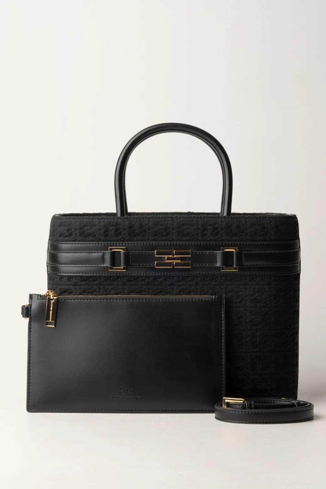 Elisabetta Franchi Shopper Grande In Tessuto Jacquard con MorsettoNERO