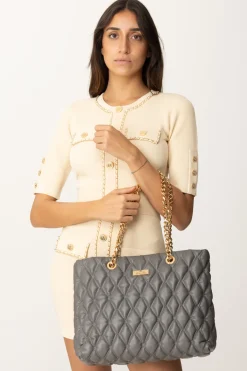 Elisabetta Franchi Shopper In Tessuto Embossed con Manici In CatenaSTEEL
