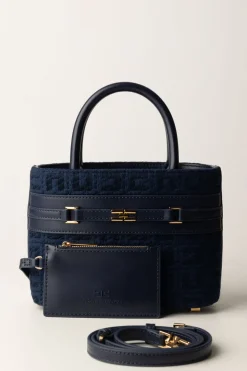 Elisabetta Franchi Shopper Piccola In Tessuto Jacquard con MorsettoNAVY