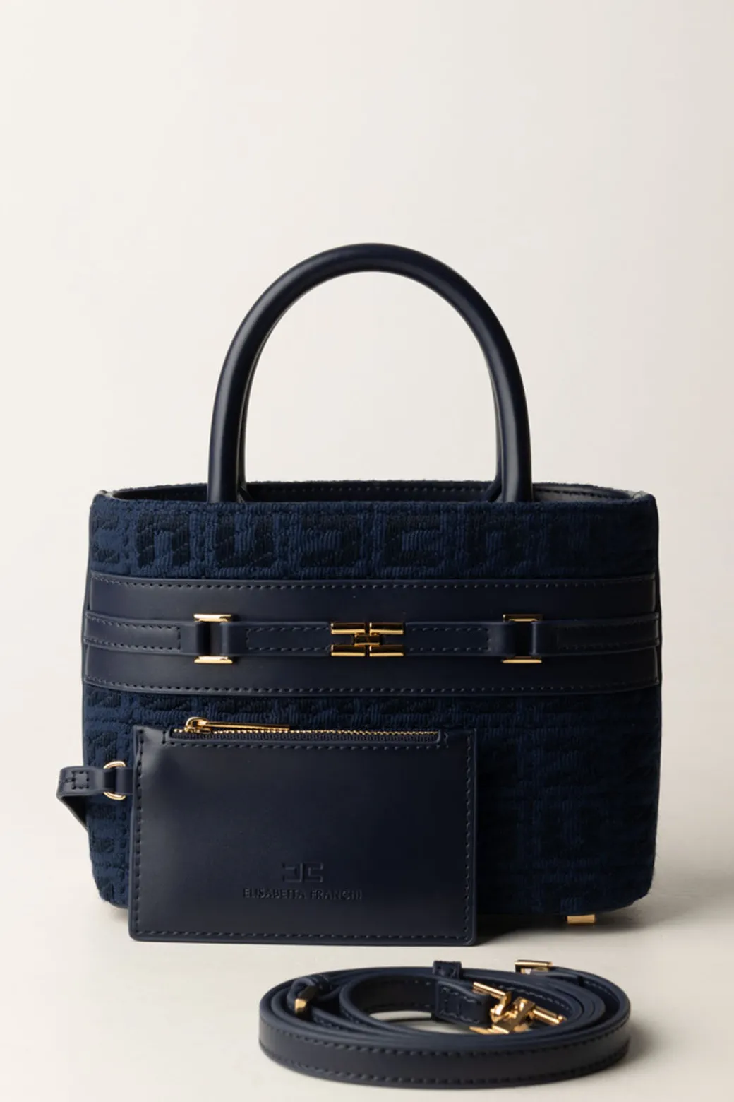 Elisabetta Franchi Shopper Piccola In Tessuto Jacquard con MorsettoNAVY