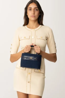 Elisabetta Franchi Shopper Piccola In Tessuto Jacquard con MorsettoNAVY