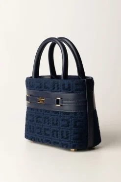 Elisabetta Franchi Shopper Piccola In Tessuto Jacquard con MorsettoNAVY