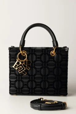 Elisabetta Franchi Shopper Mini In Tessuto Flock con CharmsNERO