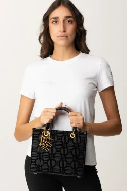Elisabetta Franchi Shopper Mini In Tessuto Flock con CharmsNERO