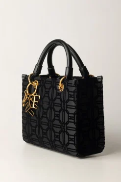 Elisabetta Franchi Shopper Mini In Tessuto Flock con CharmsNERO