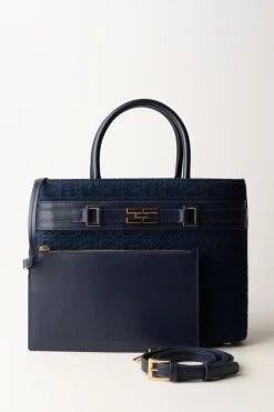 Elisabetta Franchi Shopper Grande In Tessuto Jacquard con MorsettoNAVY