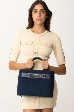 Elisabetta Franchi Shopper Grande In Tessuto Jacquard con MorsettoNAVY
