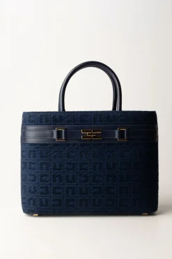 Elisabetta Franchi Shopper Grande In Tessuto Jacquard con MorsettoNAVY