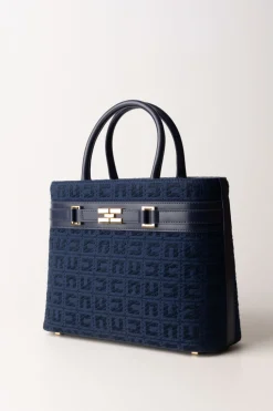 Elisabetta Franchi Shopper Grande In Tessuto Jacquard con MorsettoNAVY