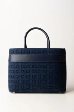 Elisabetta Franchi Shopper Grande In Tessuto Jacquard con MorsettoNAVY