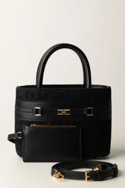 Elisabetta Franchi Shopper Piccola In Tessuto Jacquard con MorsettoNERO