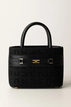 Elisabetta Franchi Shopper Piccola In Tessuto Jacquard con MorsettoNERO