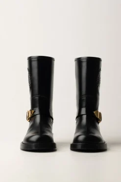 Elisabetta Franchi Stivali Biker con Maxi Logo EmbossedNERO