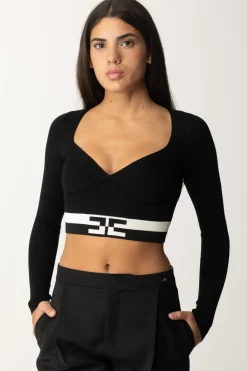 Elisabetta Franchi Top Cropped con Bande LogoNERO/BURRO