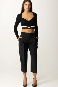 Elisabetta Franchi Top Cropped con Bande LogoNERO/BURRO