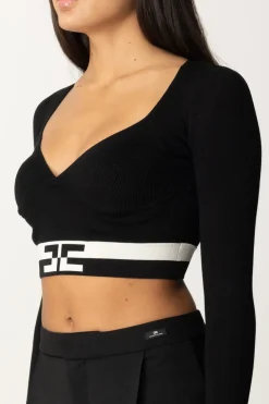 Elisabetta Franchi Top Cropped con Bande LogoNERO/BURRO