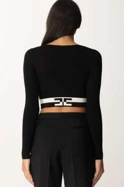 Elisabetta Franchi Top Cropped con Bande LogoNERO/BURRO