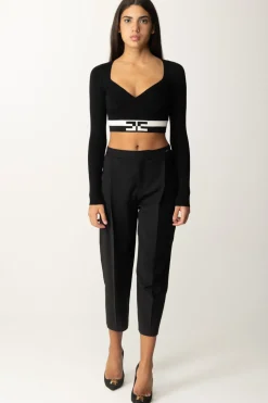 Elisabetta Franchi Top Cropped con Bande LogoNERO/BURRO