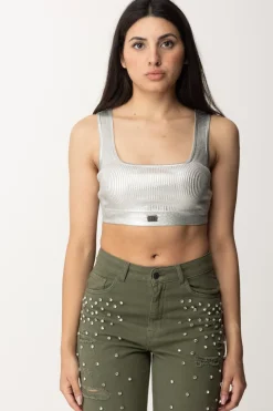 Elisabetta Franchi Top Crop Effetto Lamè In ViscosaARGENTO