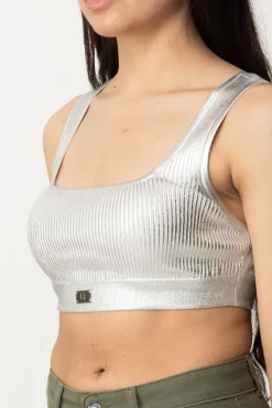 Elisabetta Franchi Top Crop Effetto Lamè In ViscosaARGENTO