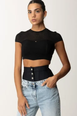 Elisabetta Franchi Top Crop In Maglia con Motivo ChevronNERO