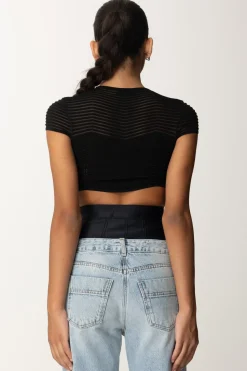 Elisabetta Franchi Top Crop In Maglia con Motivo ChevronNERO