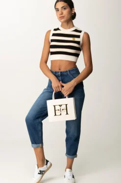Elisabetta Franchi Top Crop In Maglia a RigheBURRO/NERO