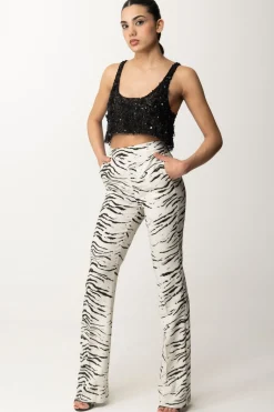 Elisabetta Franchi Top Crop In Tulle con Paillettes e FrangeNERO