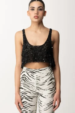 Elisabetta Franchi Top Crop In Tulle con Paillettes e FrangeNERO