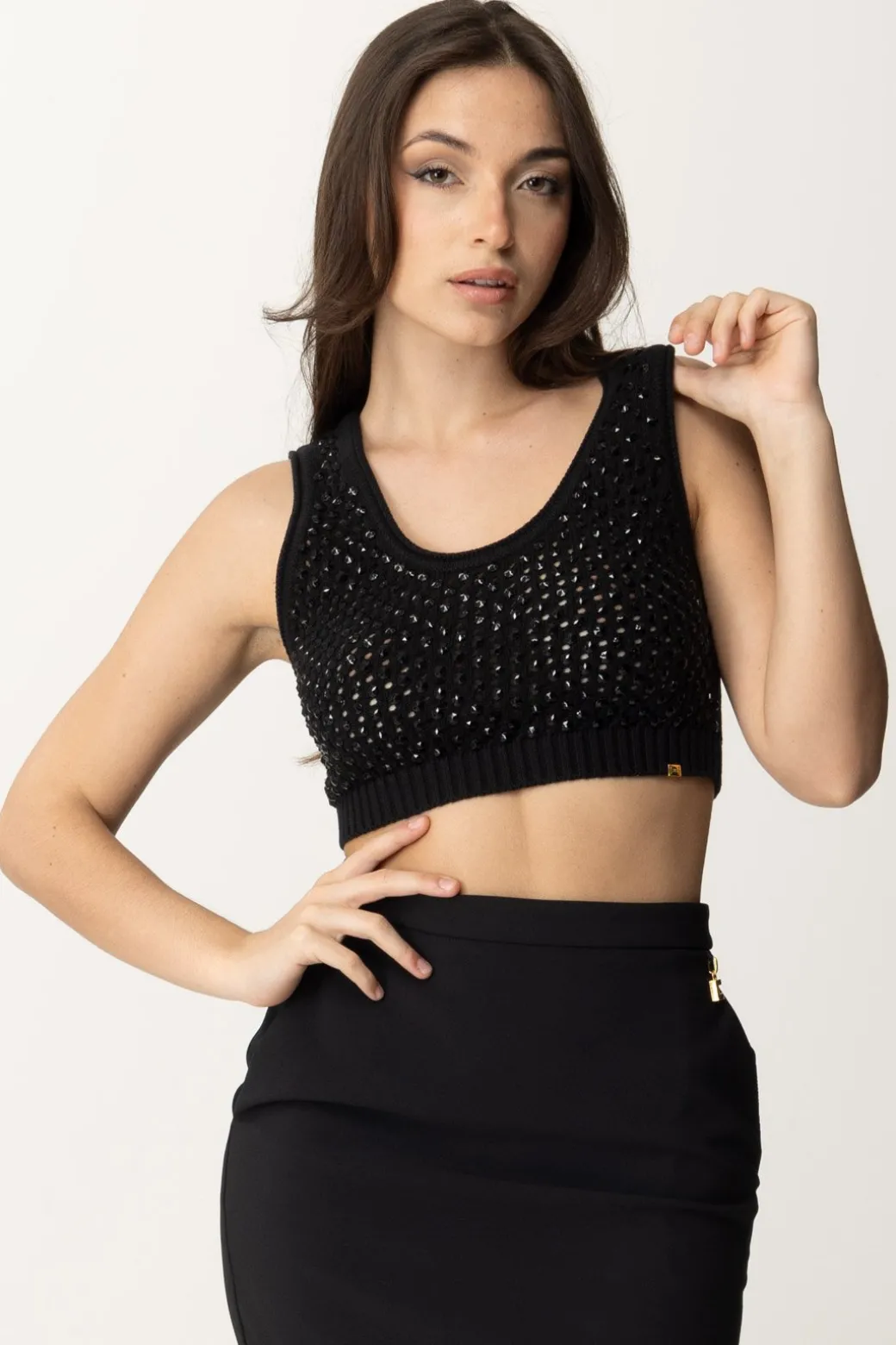 Elisabetta Franchi Top Crop In Rete con PaillettesNERO