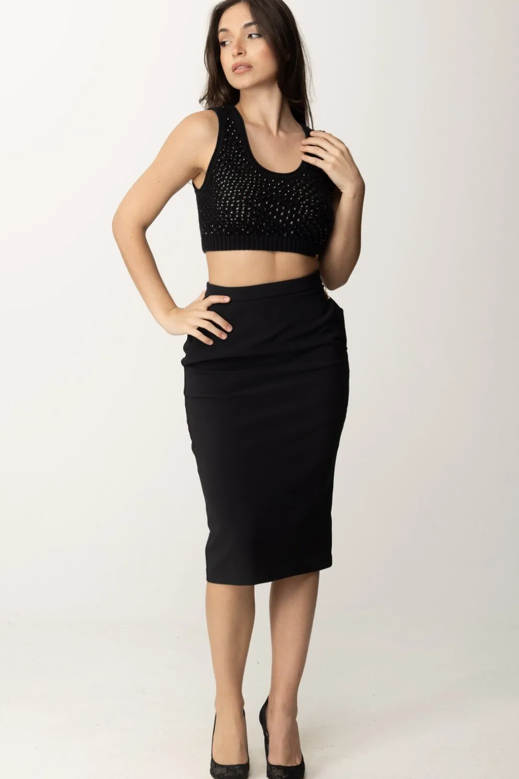 Elisabetta Franchi Top Crop In Rete con PaillettesNERO