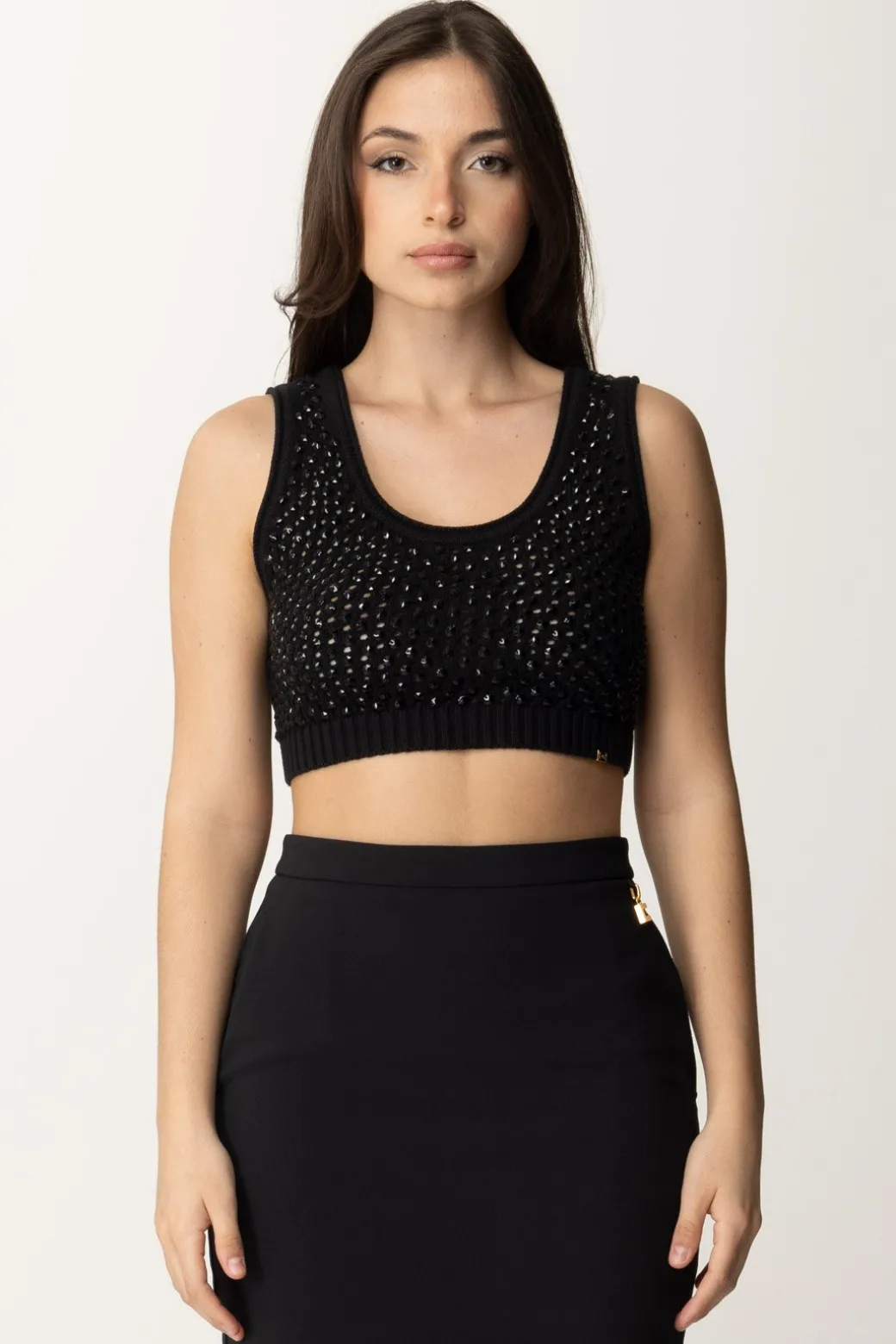 Elisabetta Franchi Top Crop In Rete con PaillettesNERO