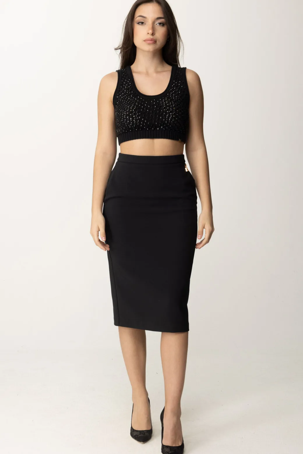 Elisabetta Franchi Top Crop In Rete con PaillettesNERO