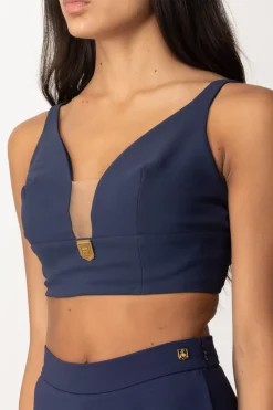Elisabetta Franchi Top Crop Stretch con Placca LogoNAVY