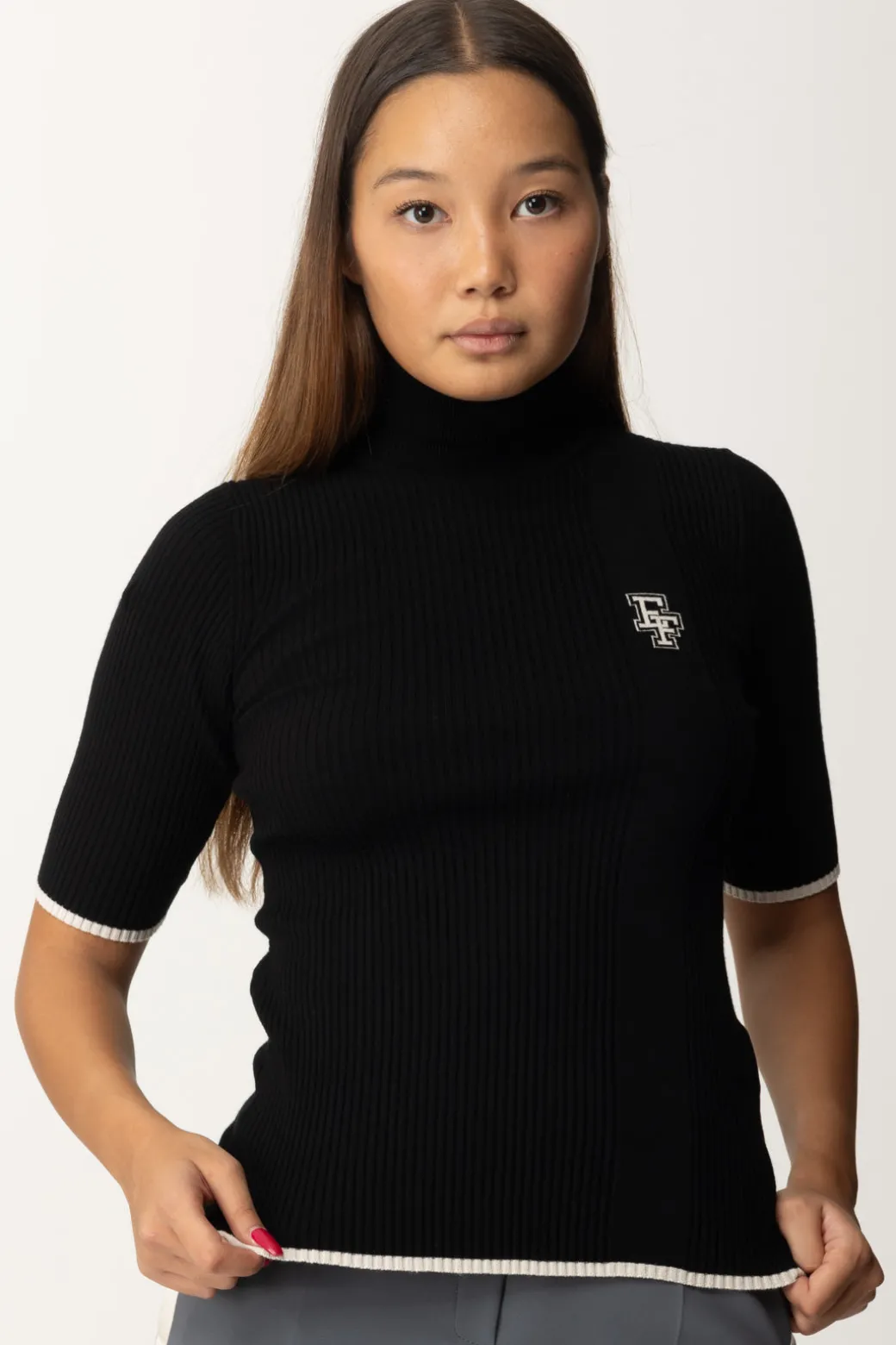 Elisabetta Franchi T-shirt Dolcevita In Maglia con LogoNERO/BURRO