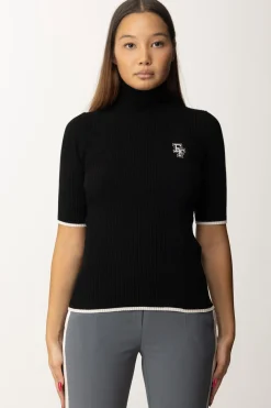 Elisabetta Franchi T-shirt Dolcevita In Maglia con LogoNERO/BURRO