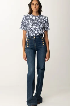 Elisabetta Franchi T-shirt con Logo Lettering PiccoloGESSO/NAVY