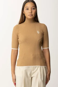 Elisabetta Franchi T-shirt Dolcevita In Maglia con LogoCAMEL/BURRO